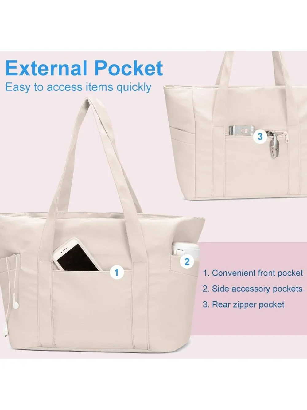 👜Women's Beige Nylon Large Tote Bag With Zipper 15.6 Laptop Sleeve Work Bag